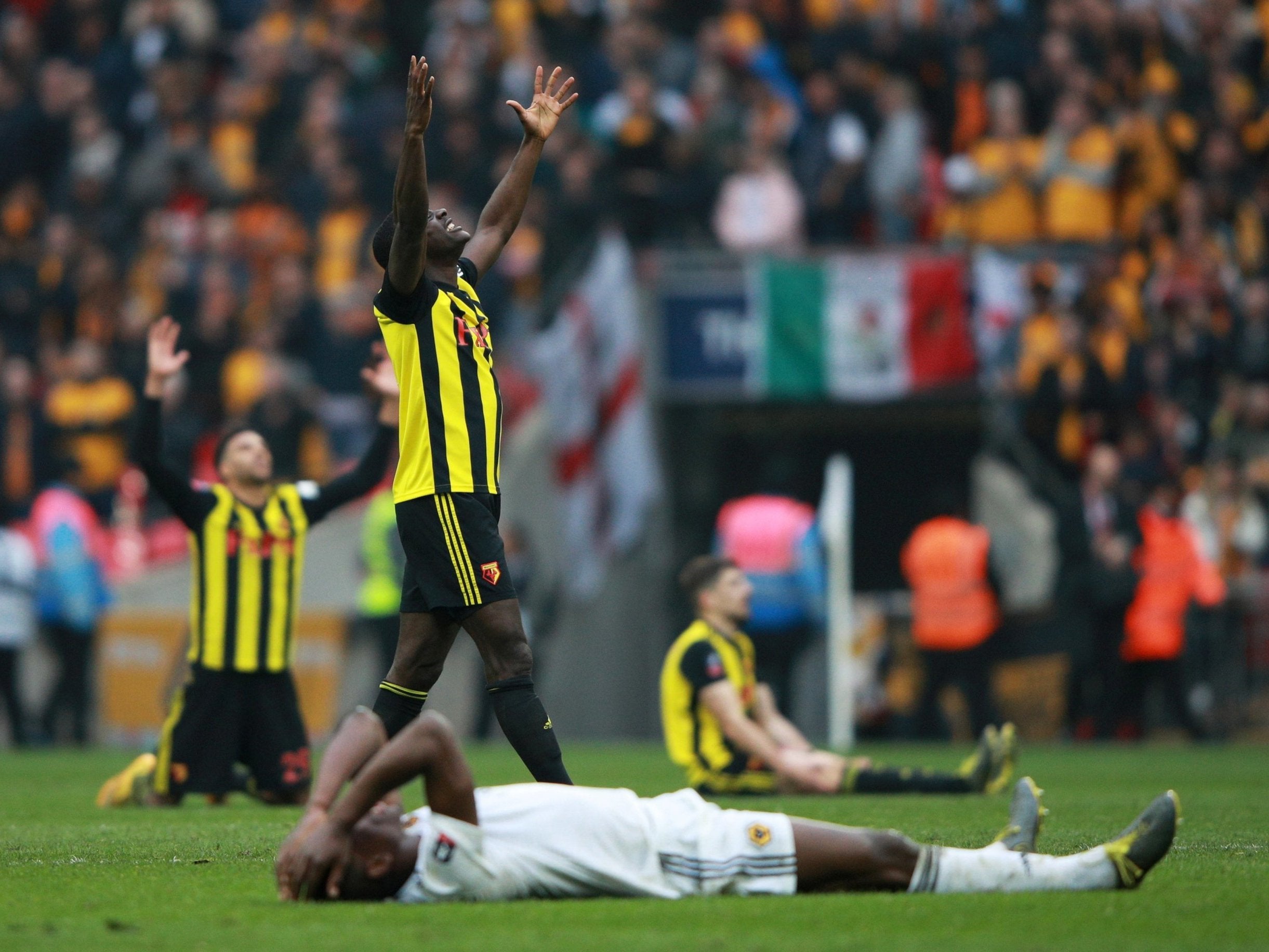 Watford players celebrate reaching the FA Cup semi-final