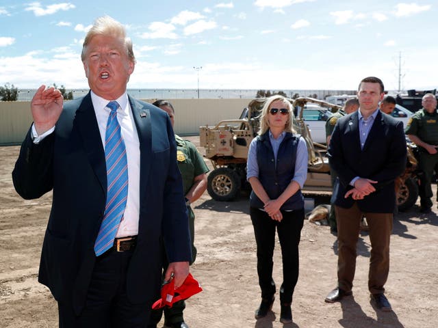 Kirstjen Nielsen, Kevin McAleenan and Donald Trump during a visit to the border.