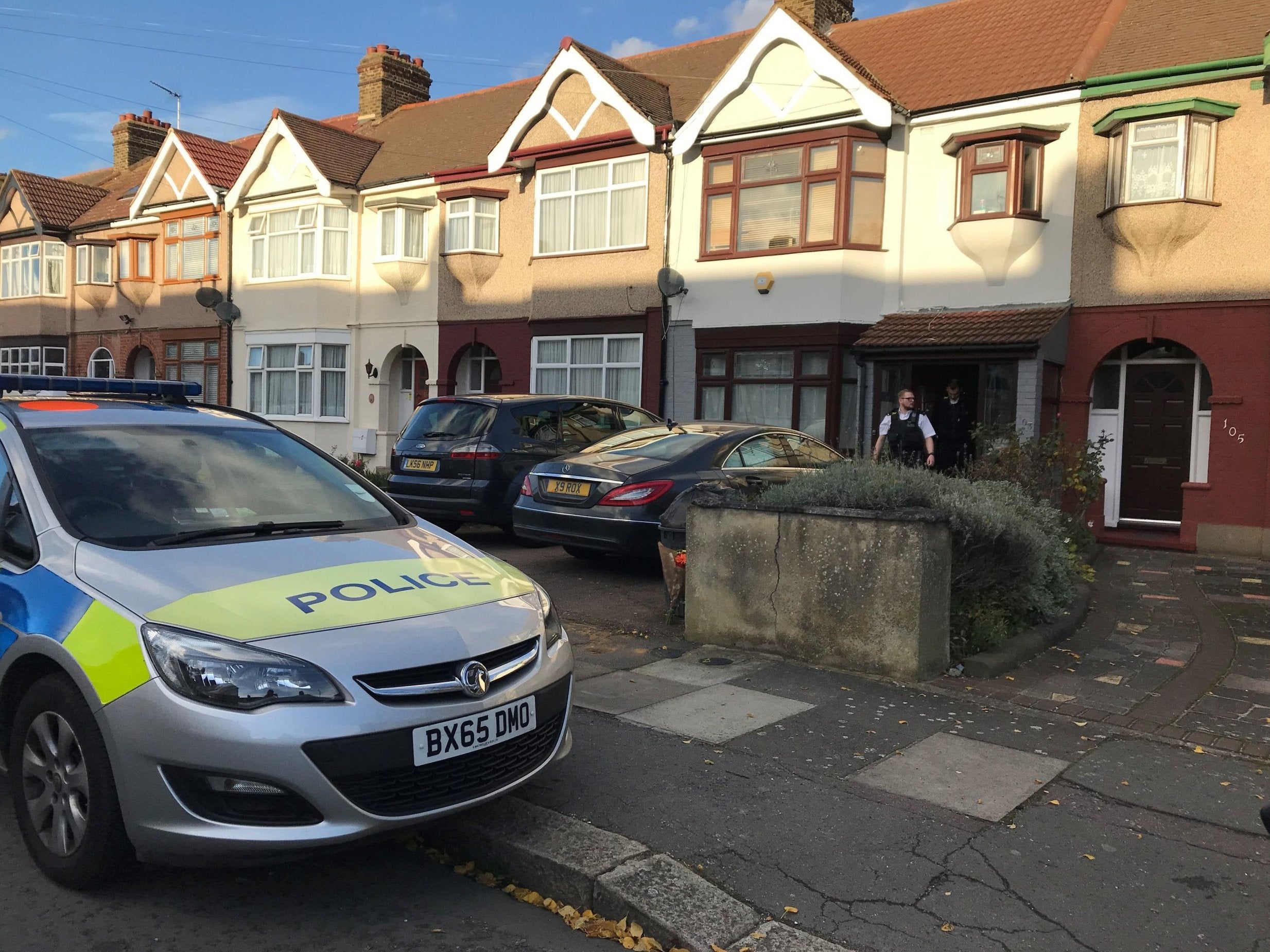 Police at home in Applegarth Drive, Ilford, where Devi Unmathallegadoo, 35, was fatally shot with a crossbow