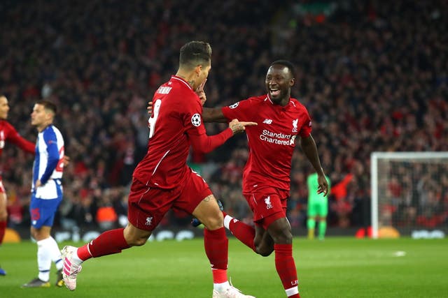 Liverpool celebrate Naby Keita's opening goal