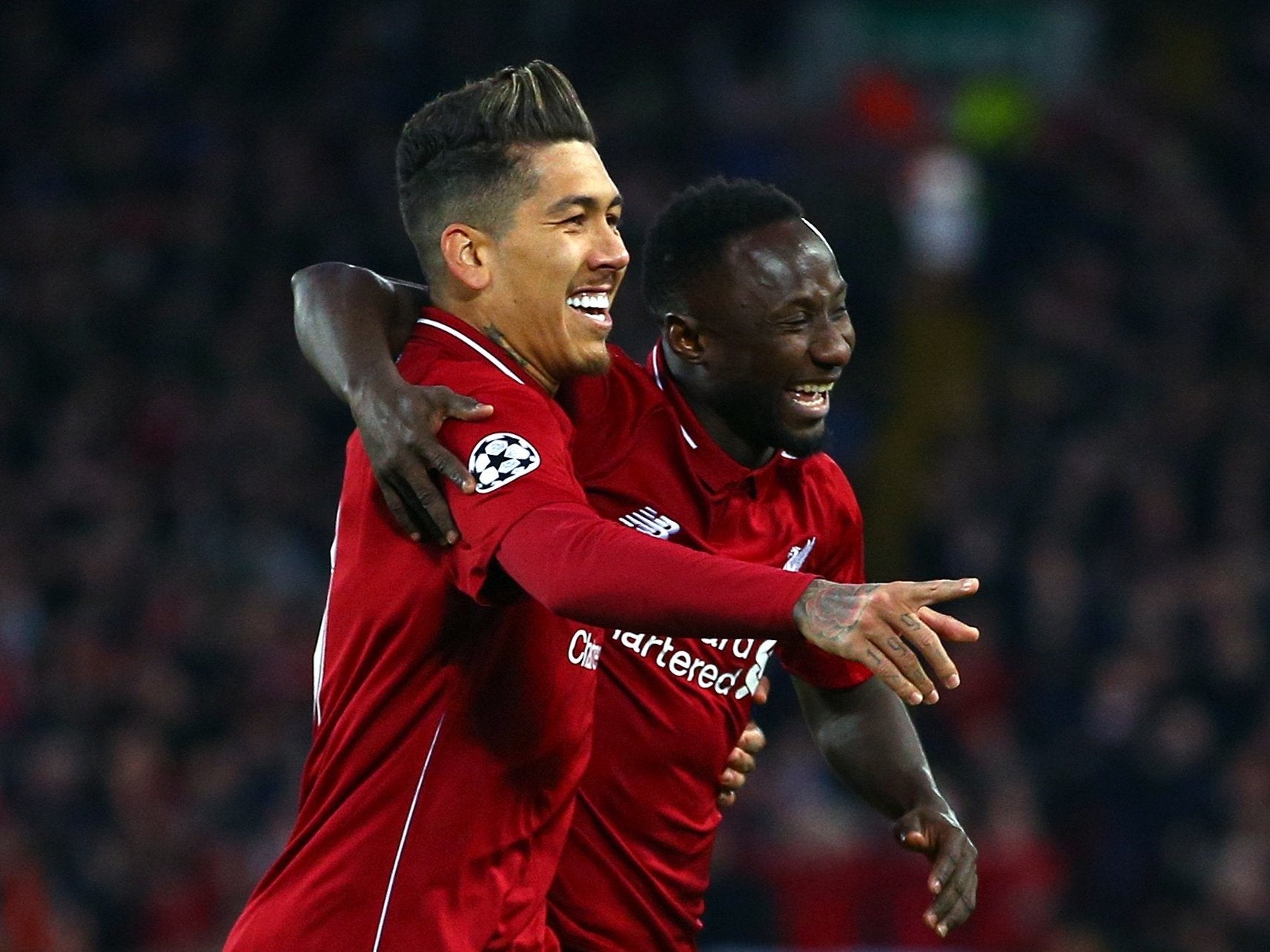 Liverpool celebrate their opening goal through Naby Keita