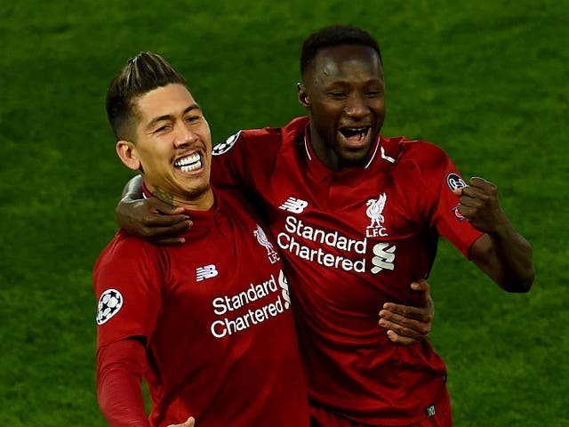 Roberto Firmino and Naby Keita celebrate Liverpool's second goal