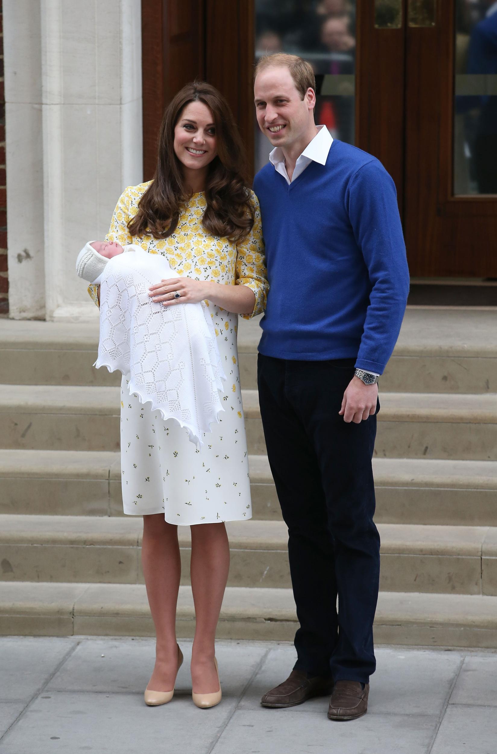 Catherine, Duchess of Cambridge and Prince William, Duke of Cambridge depart the Lindo Wing with their newborn daughter at St Mary's Hospital on May 2, 2015 in London, England