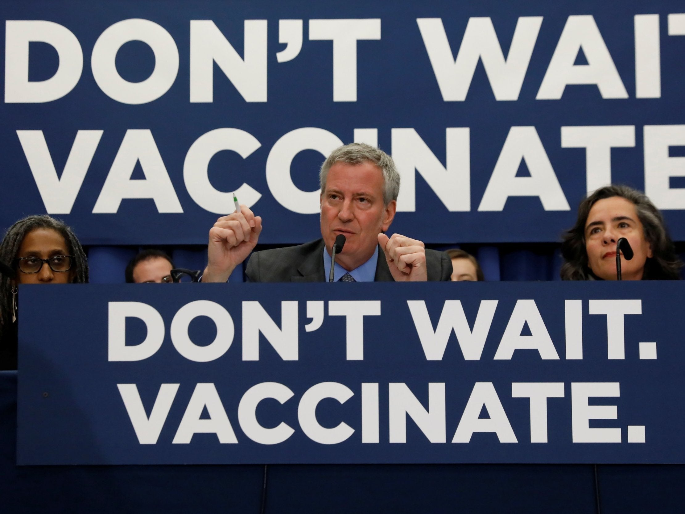 New York City Mayor Bill de Blasio speaks during a news conference declaring a public health emergency in parts of Brooklyn in response to a measles outbreak, requiring non-vaccinated people living in affected areas to get the vaccine or face fines, in the Orthodox Jewish community of the Williamsburg neighborhood, Brooklyn, New York City, US, 9 April 2019.