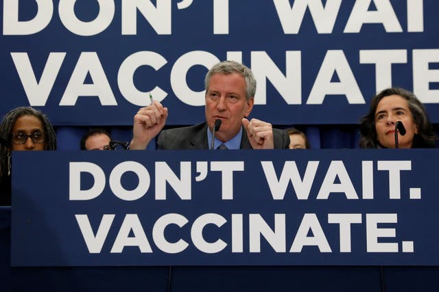 New York City Mayor Bill de Blasio speaks during a news conference declaring a public health emergency in parts of Brooklyn in response to a measles outbreak, requiring non-vaccinated people living in affected areas to get the vaccine or face fines, in the Orthodox Jewish community of the Williamsburg neighborhood, Brooklyn, New York City, US, 9 April 2019.