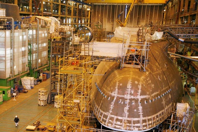 Astute class nuclear submarines under construction in the Devonshire Dock hall at the BAE systems facility in Barrow-in-Furness