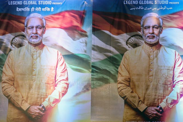 The poster for ‘PM Narendra Modi’, a biopic on the Indian prime minister, during its launch in Mumbai in January
