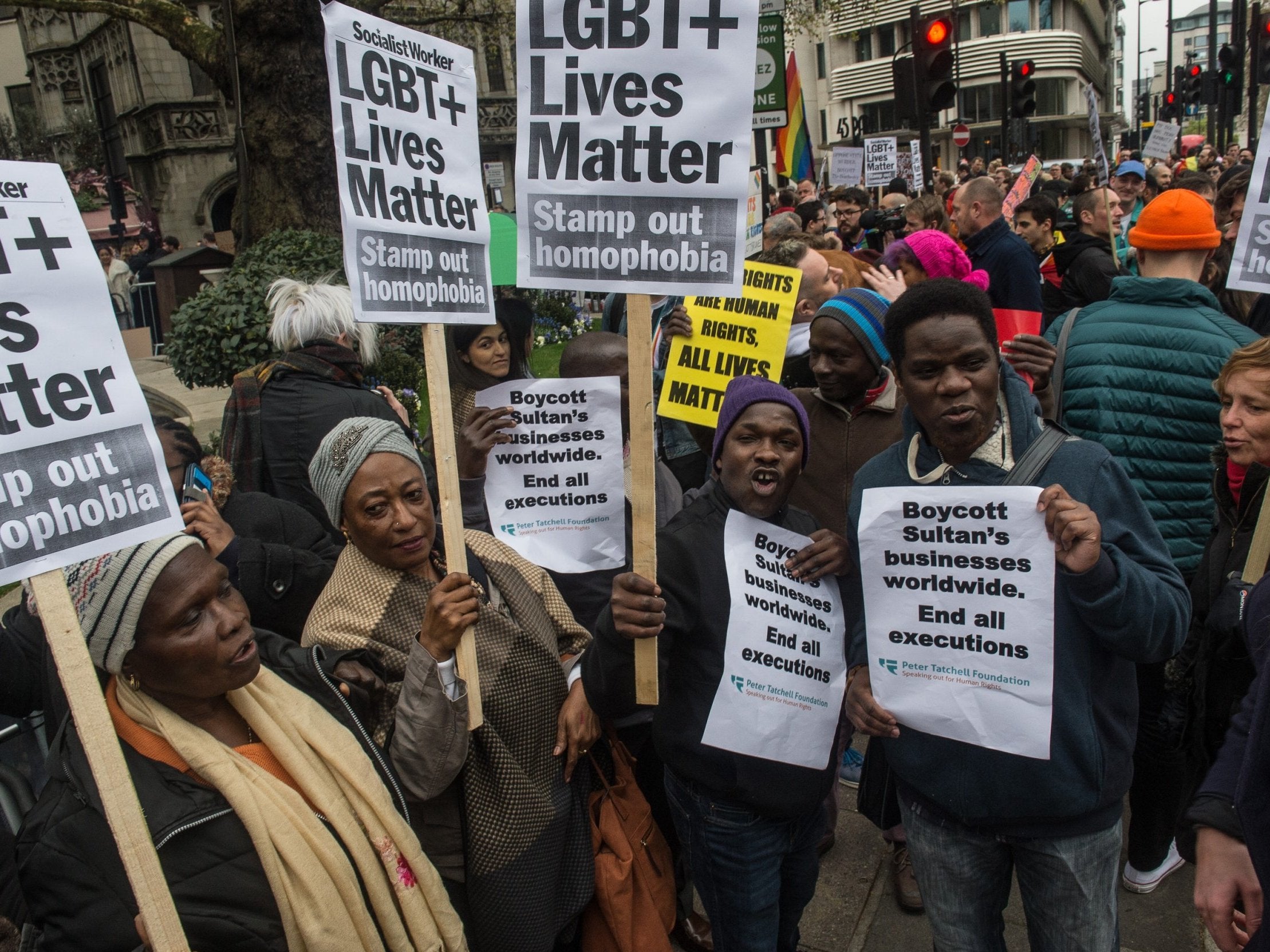 LGBT activists protest against the Sultan of Brunei who has ratified a law to make homosexuality punishable by stoning, at the Dorchester Hotel on April 6, 2019 in London, England.
