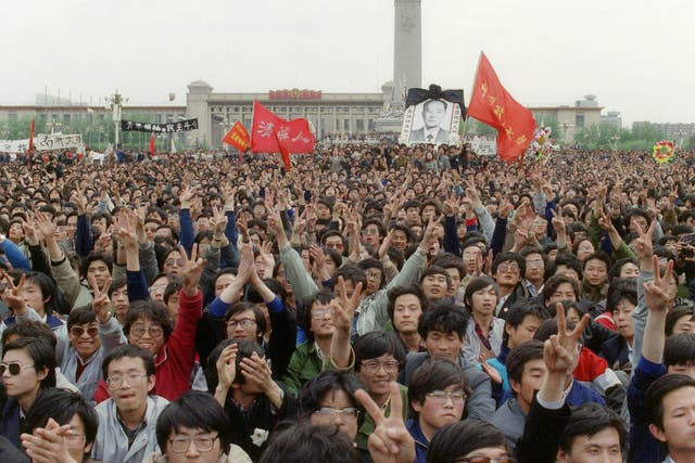 Students participate at the Tiananmen Square protests in Beijing which began on 15 April 1989