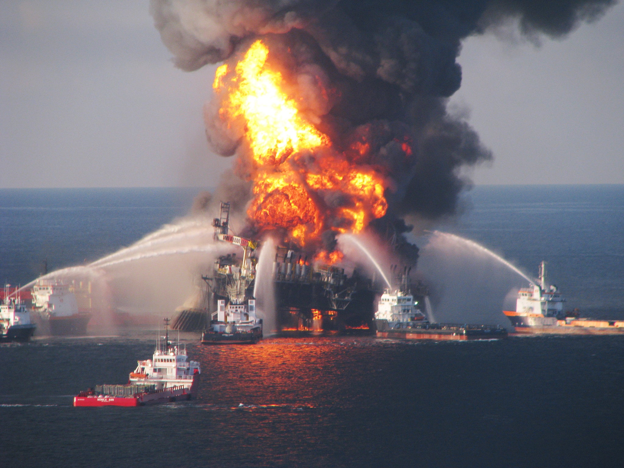 Fire boat response crews battle the blazing remnants of the BP Deepwater Horizon oil rig, which exploded in the Gulf of Mexico in 2010