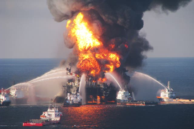 Fire boat response crews battle the blazing remnants of the BP Deepwater Horizon oil rig, which exploded in the Gulf of Mexico in 2010