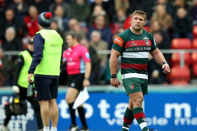 Tom Youngs walks off the pitch after being shown a red card