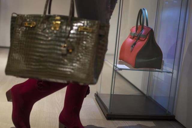 A Birkin 35 on display at a Christie’s exhibition of rare handbags and vintage clothing