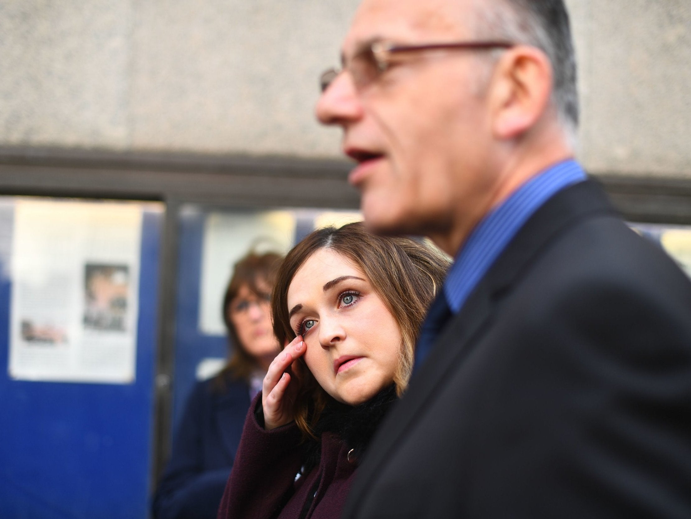 The sister of Charlotte Brown, Katie Brown, and father Graham Brown speaking outside the Old Bailey on 11 April (PA)