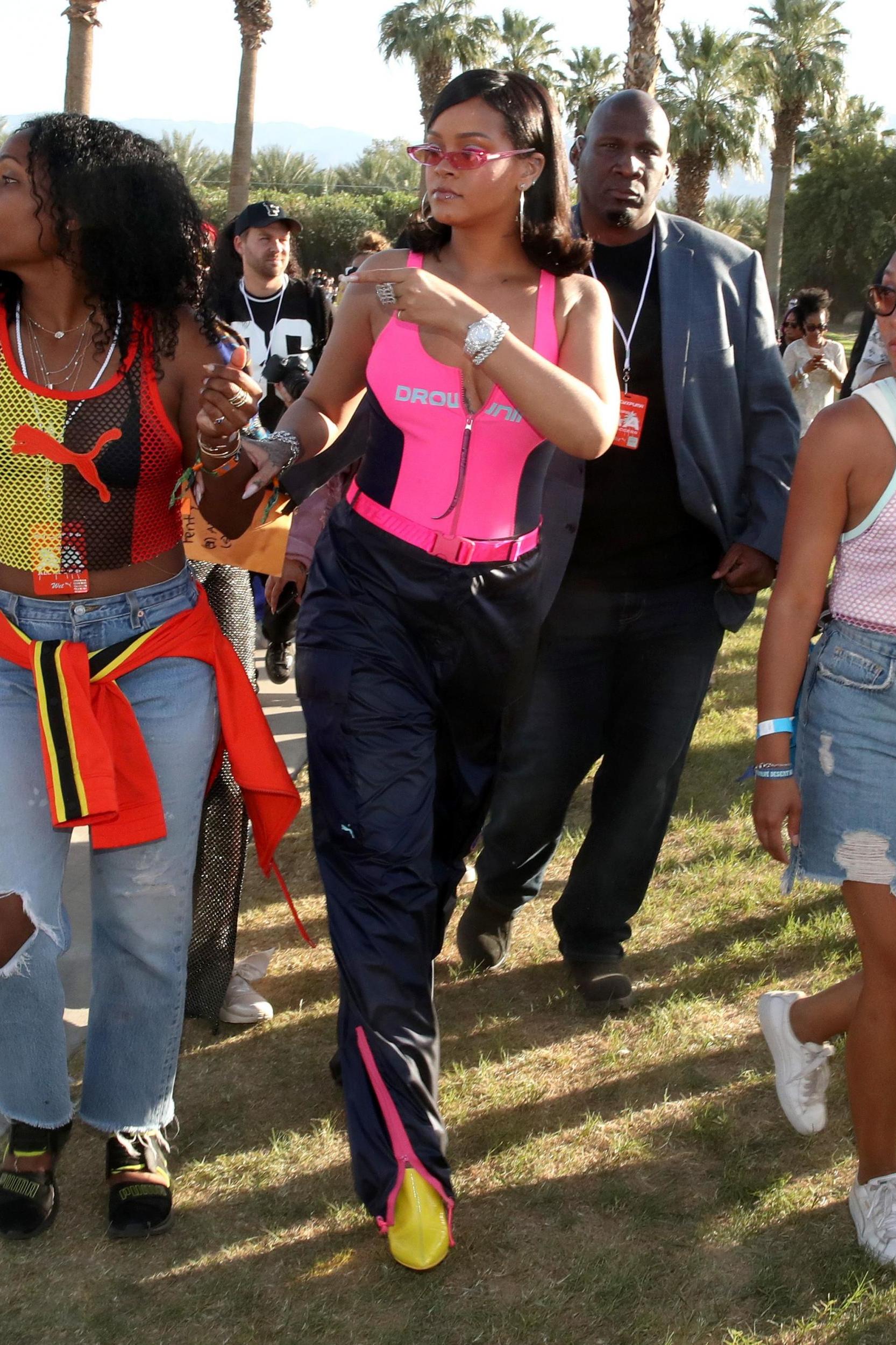 Rihanna photographed at a Puma x Fenty pool party at Coachella 2018.