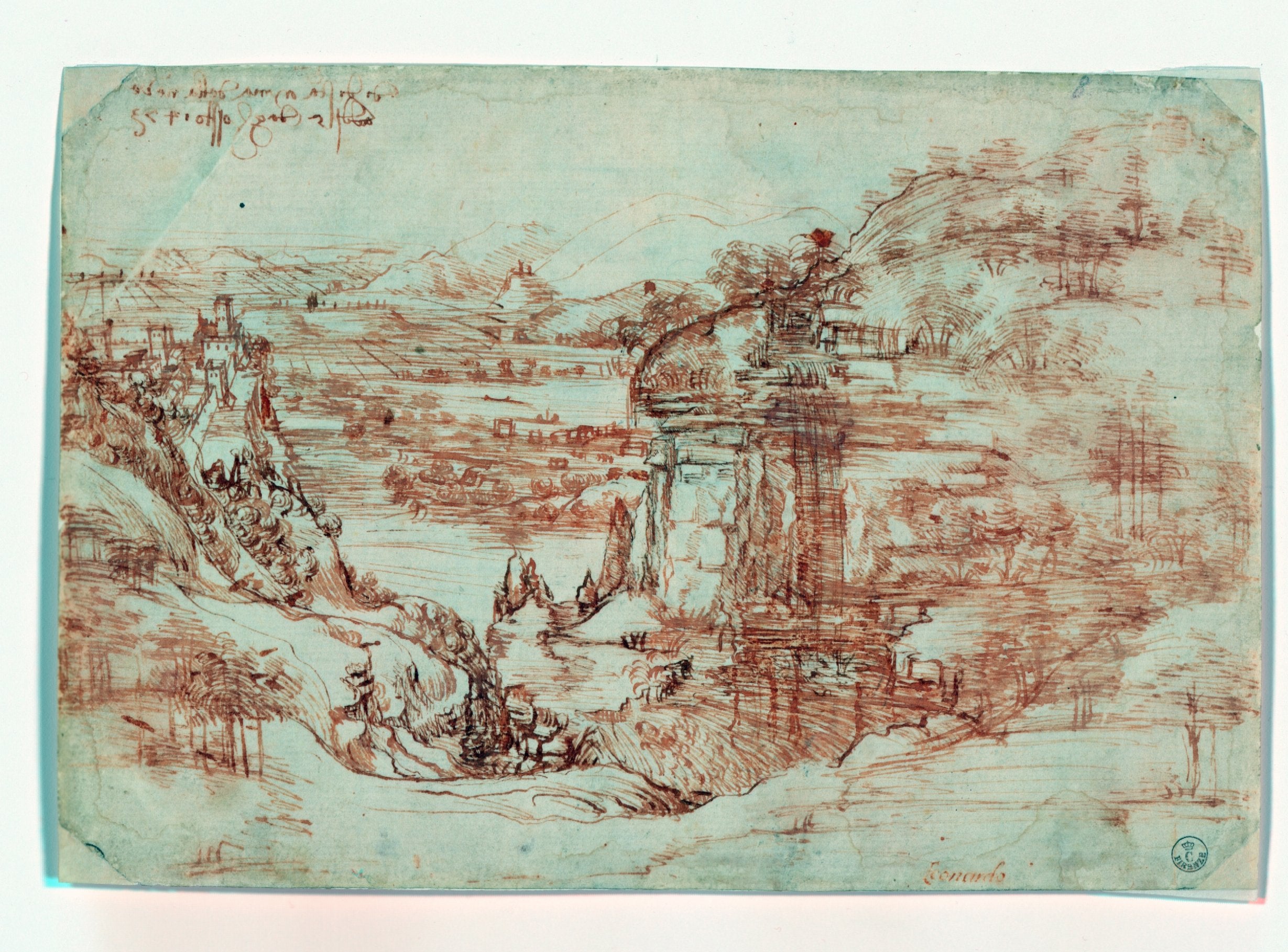 Infrared light is shone onto Landscape (8P), 1473, done by Leonardo da Vinci, during tests in Florence, Italy