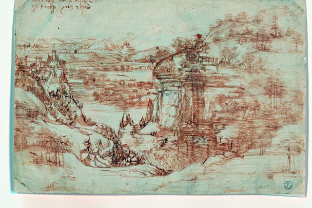 Infrared light is shone onto Landscape (8P), 1473, done by Leonardo da Vinci, during tests in Florence, Italy