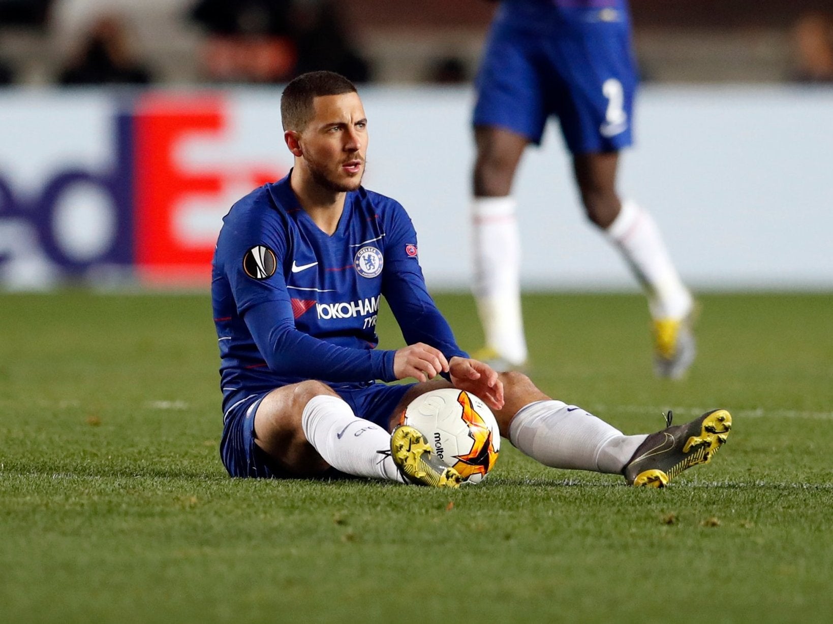 Chelsea’s Eden Hazard sits on the pitch