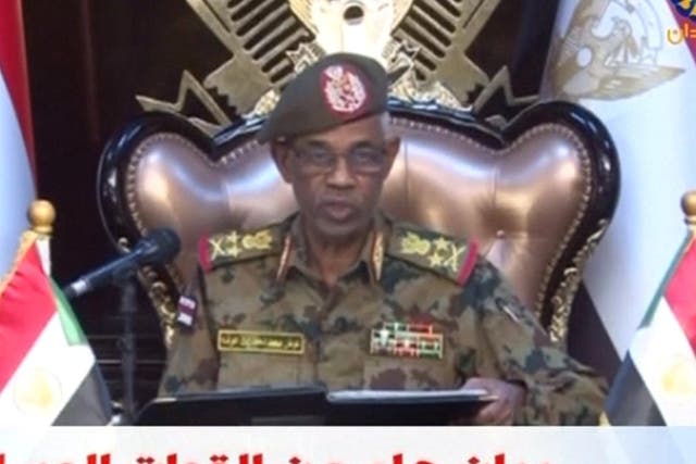 Sudan's defence minister Awad Mohamed Ahmed Ibn Auf makes an announcement in Sudan