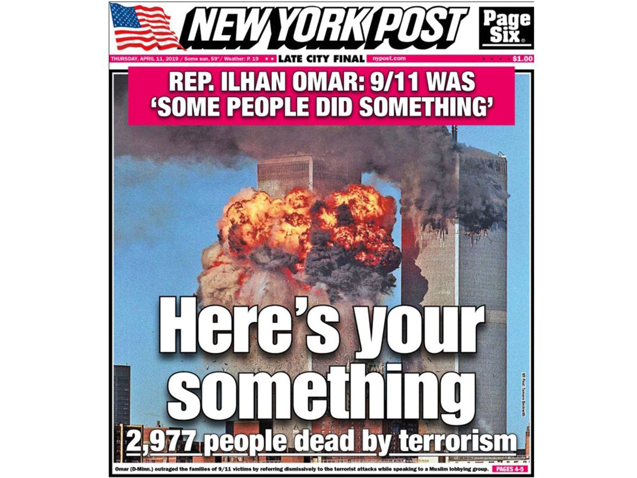 New York Post Uses 9 11 Front Page To Attack Muslim Congresswoman Ilhan Omar The Independent The Independent