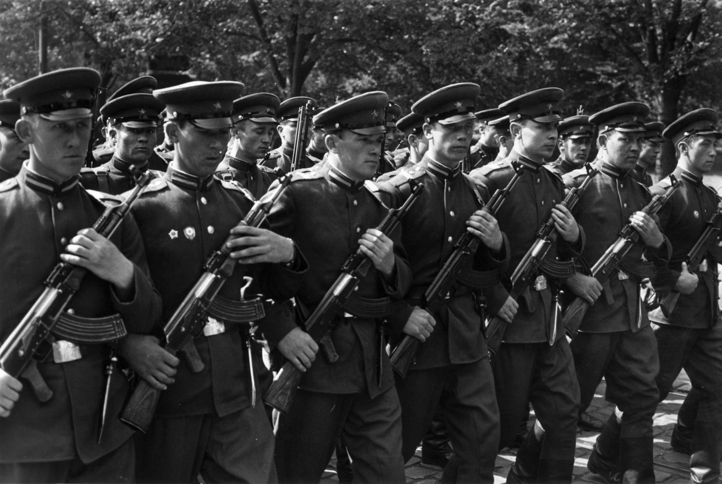 September 1968: Soviet troops marching through the centre of Prague, Czechoslovakia, during the Prague Spring