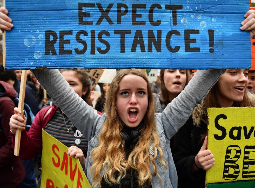 Students at the YouthStrike4Climate demonstration against climate change in London's Parliament Square