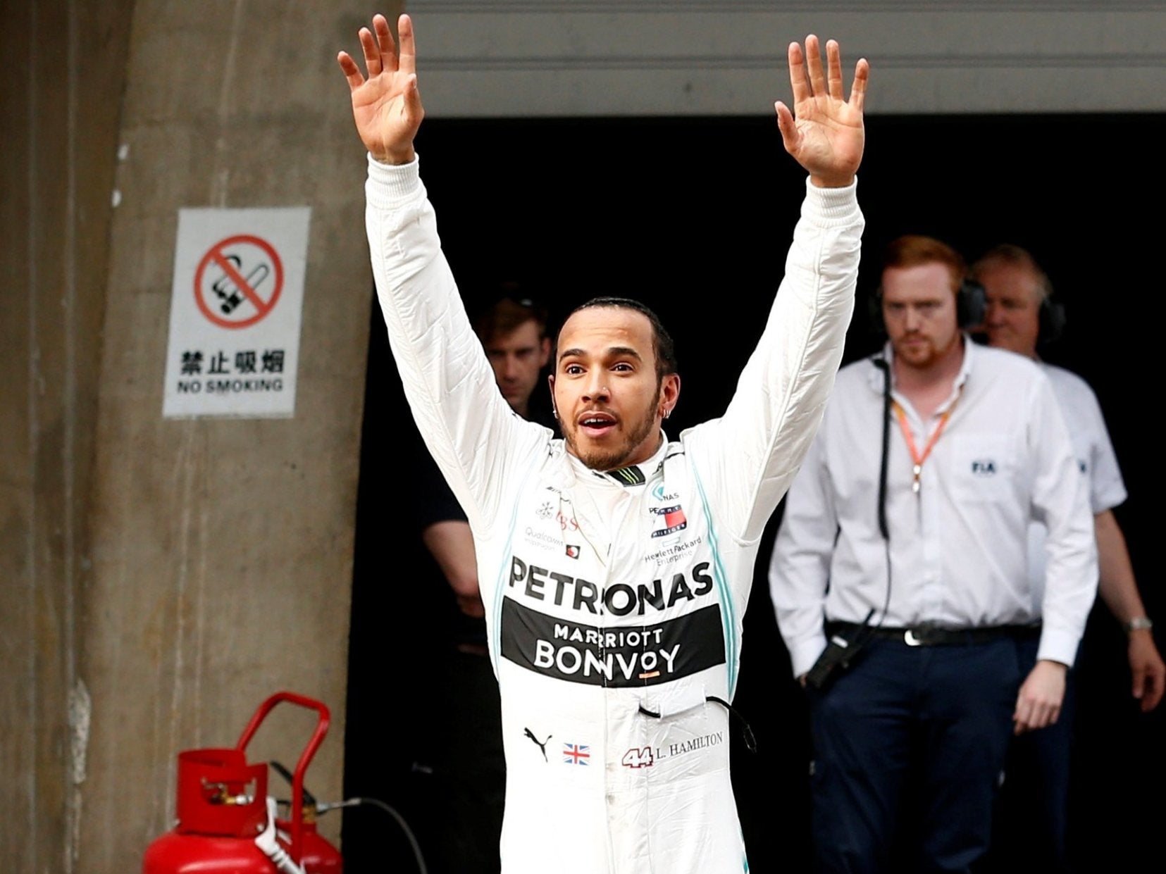Hamilton celebrates winning the Chinese Grand Prix