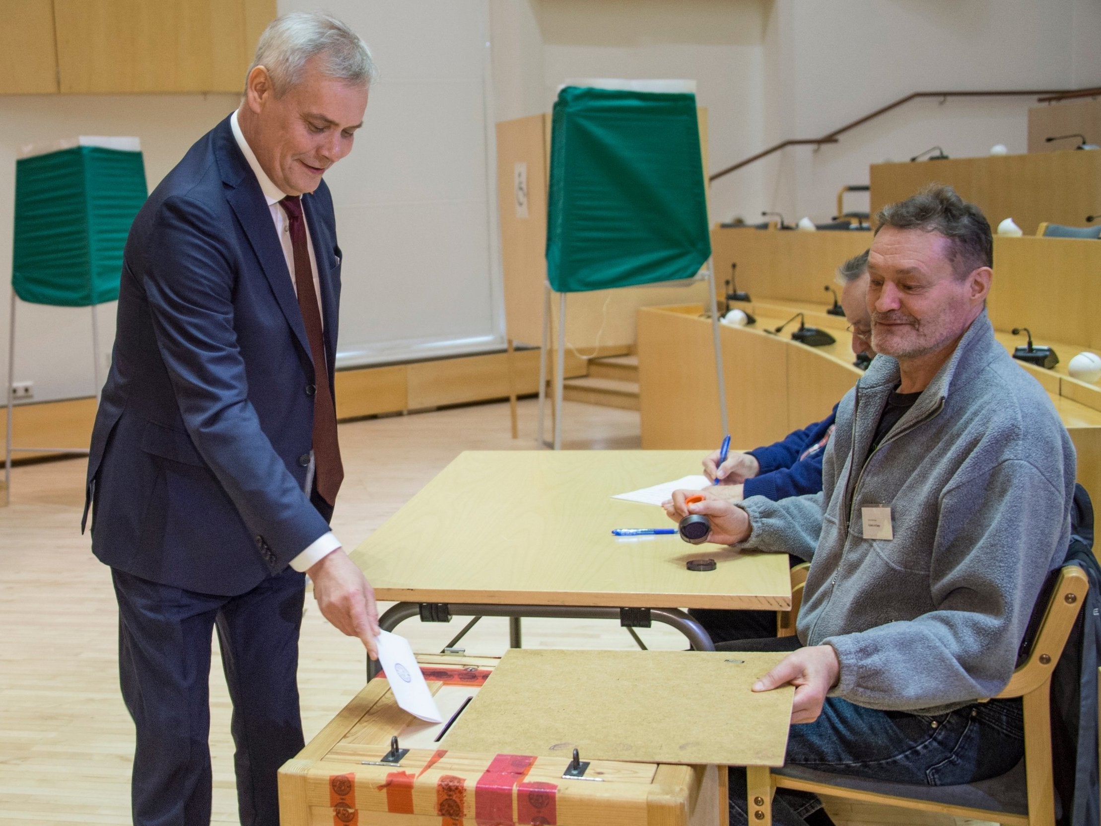 Social Democrat Party leader Antti Rinne votes in the Finnish parliamentary election at a polling station in Mantsala