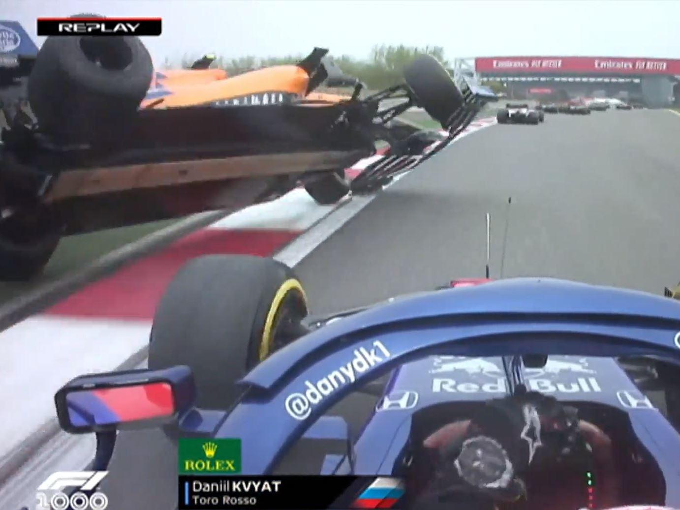 Lando Norris was sent airborne after a collision with Daniil Kvyat