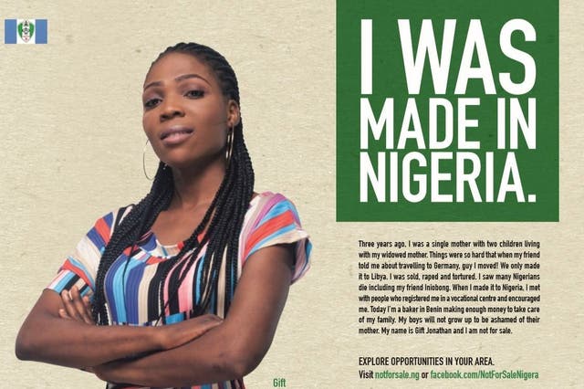 One of the posters used to encourage women to stay in Nigeria rather than risk being sold into modern slavery