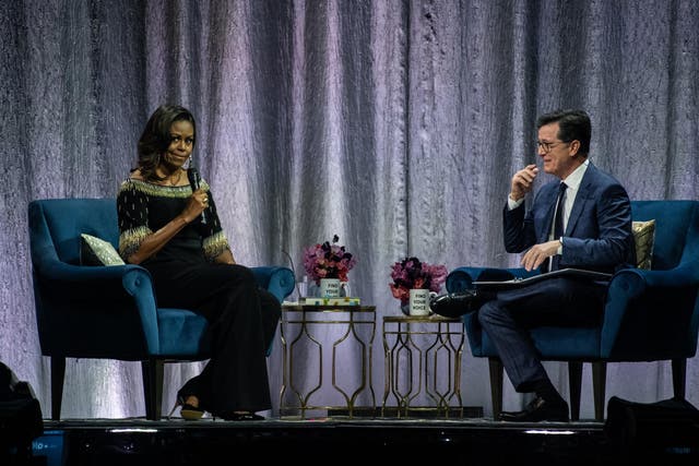 Michelle Obama on stage as part of her 'Becoming: An Intimate Conversation With Michelle Obama' tour at The O2 Arena on April 14, 2019 in London
