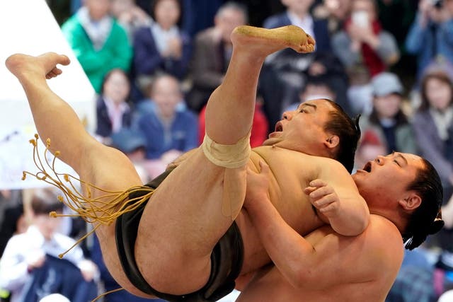 Sumo wrestlers take part in a ceremonial tournament in Tokyo