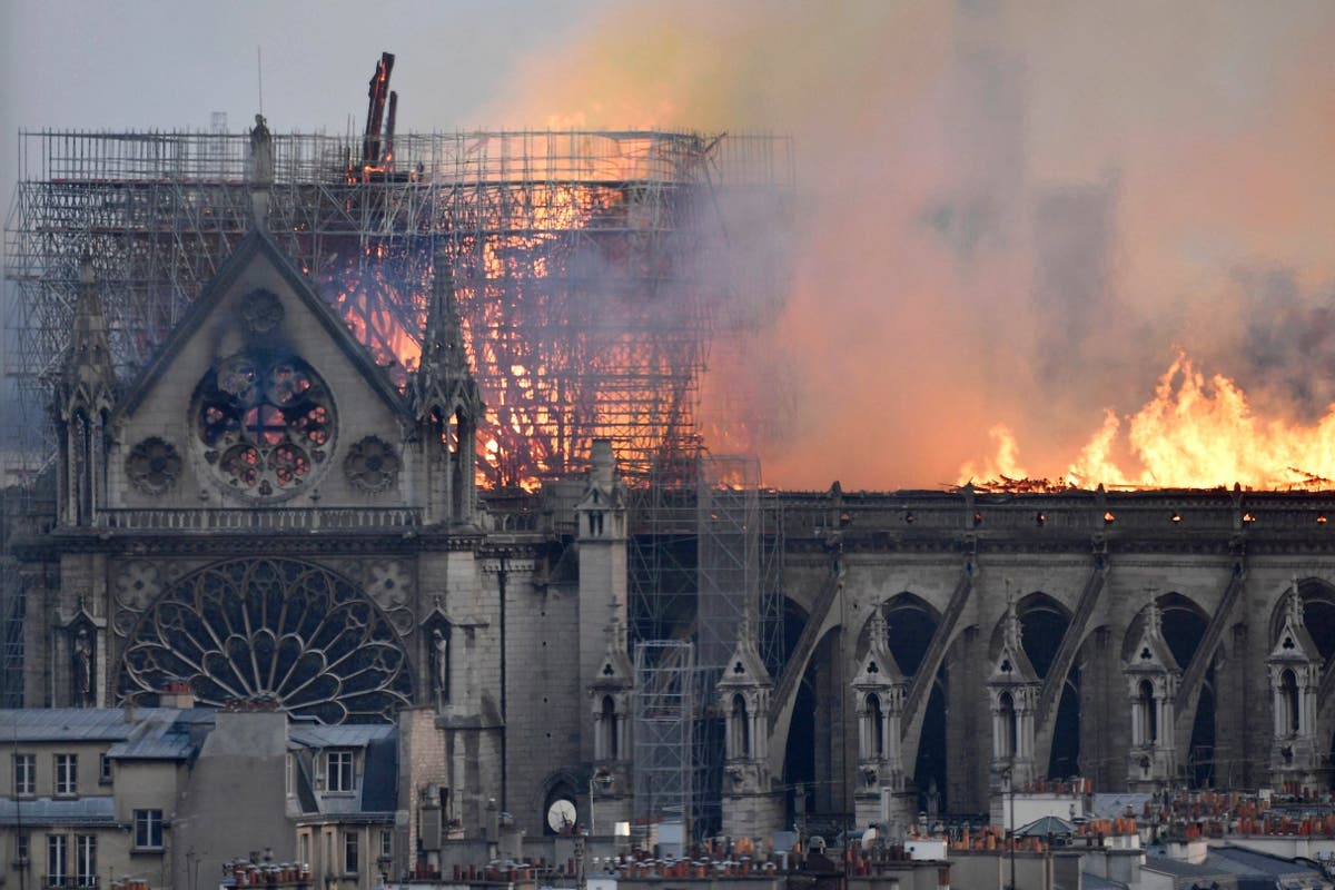 As firefighters continue to battle a fire consuming Paris’ <b>Notre</b> <b>Dame</b> Cathe...