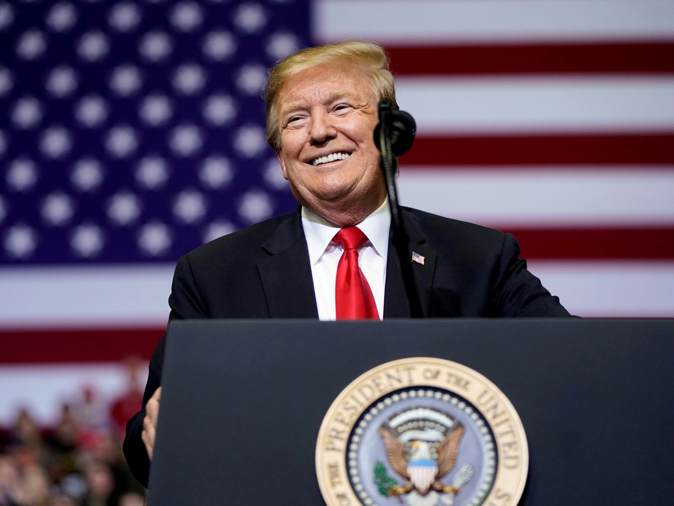 US President Donald Trump speaks during a Make America Great Again rally in Grand Rapids, Michigan, US on 28 March 2019.