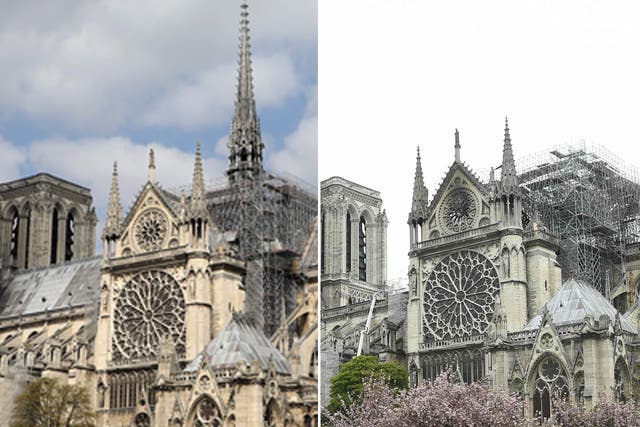 Before and after images of Notre Dame cathedral in Paris show the extent of the damage caused by a fire which brought the spire crashing down on 15 April 2019.