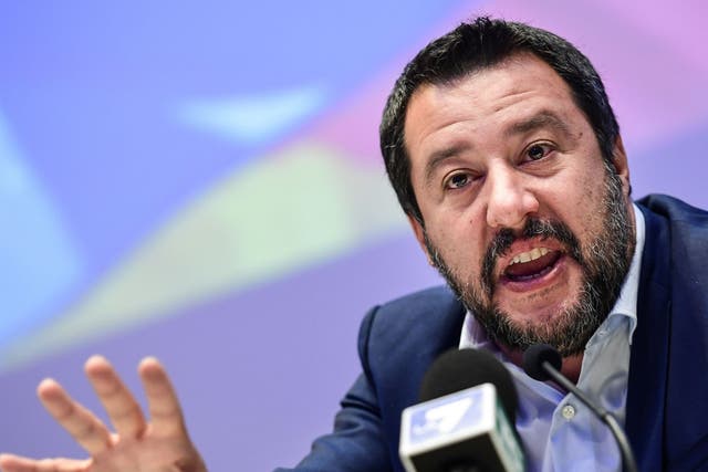 Matteo Salvini speaks during a meeting of European nationalists on 8 April 2019 in Milan