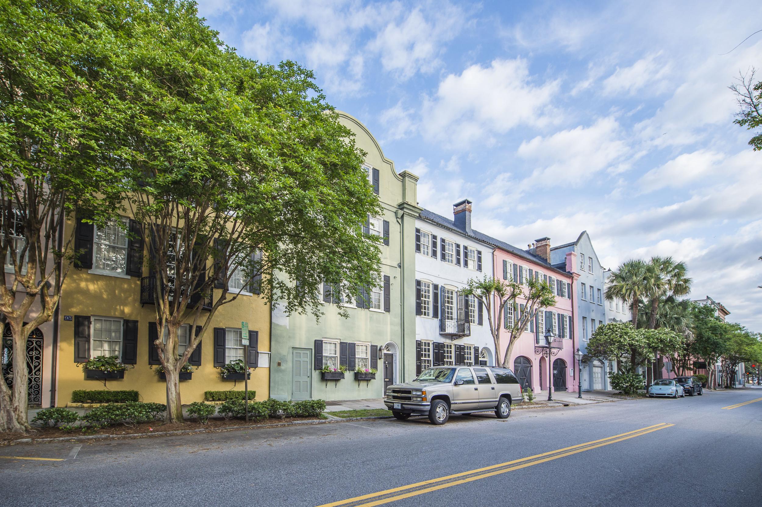 Pastel mansions in downtown Charleston