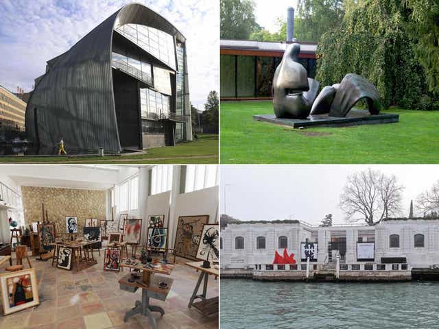 Clockwise top left: Museum of Contemporary Art Kiasma, Helsinki; Louisiana Museum of Modern Art, Copenhagen; Peggy Guggenheim, Venice; Miro Museum, Palma