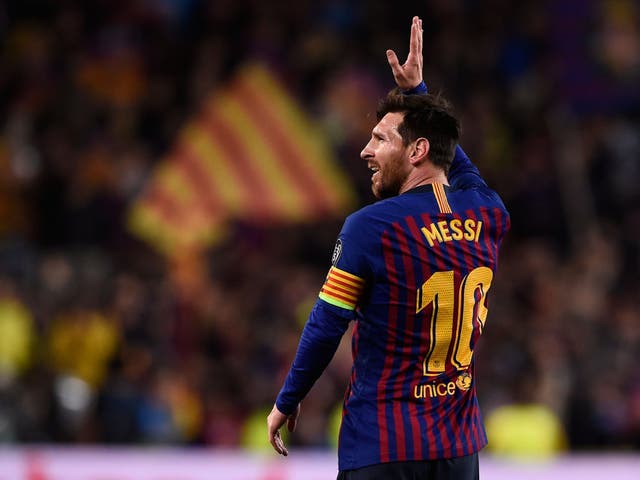 Barcelona's Lionel Messi celebrates after scoring
