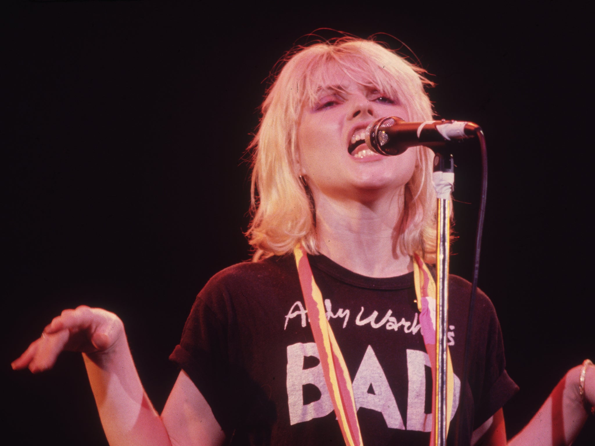 Debbie Harry, the lead singer of Blondie, performs in 1980