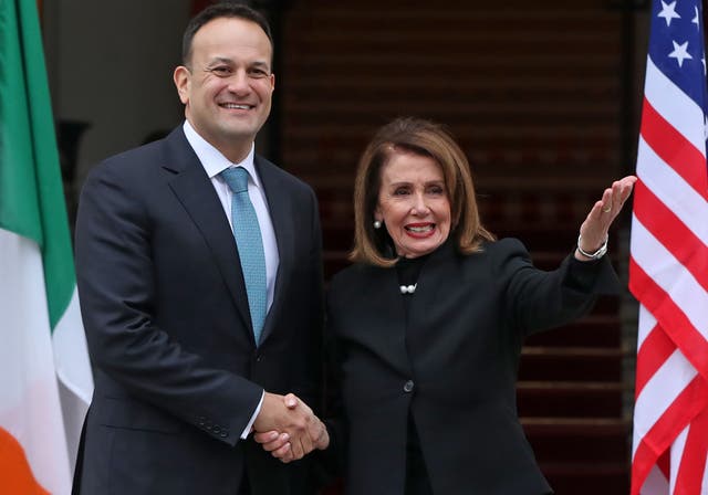 Nancy Pelosi is greeted by Taoiseach Leo Varadkar during a visit to Dublin