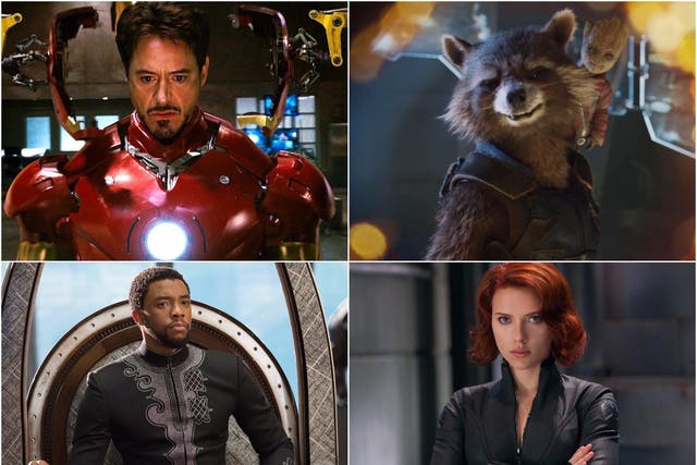En el sentido de las agujas del reloj desde la parte superior derecha: Iron Man, Rocket and Groot, Black Widow y Black Panther