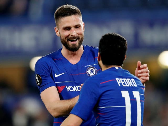 Chelsea's Pedro celebrates scoring with Olivier Giroud