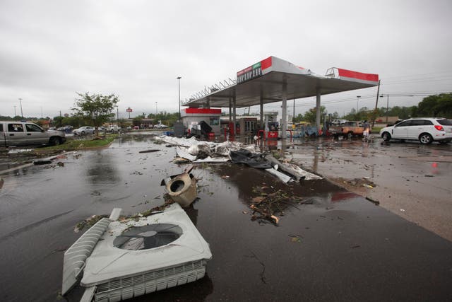A gas station is damaged following severe weather in western Mississippi