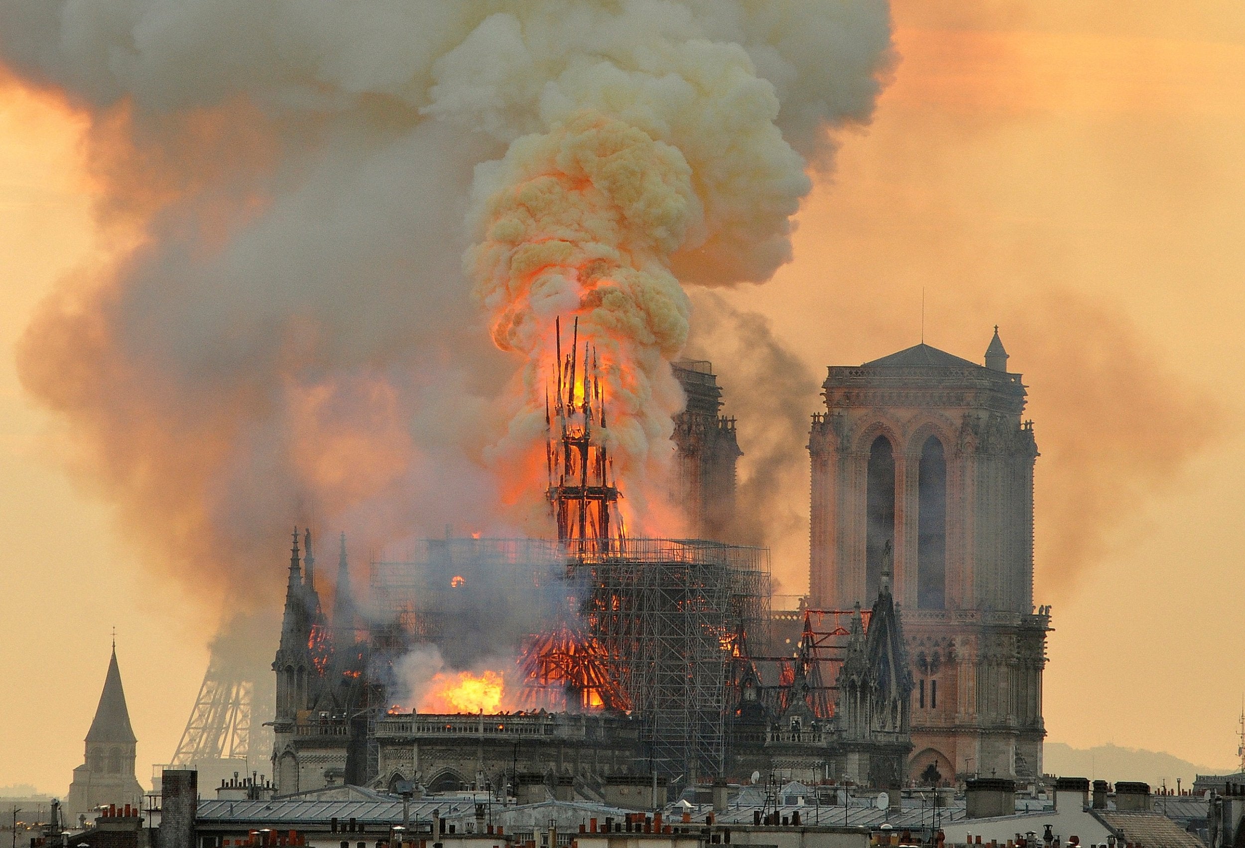 Flames and smoke rise from Notre Dame on 15 April