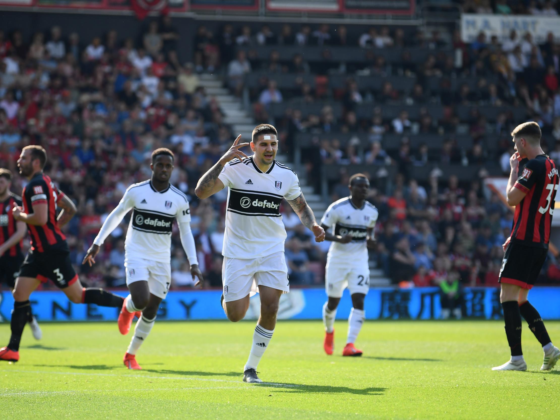 Aleksandar Mitrovic celebrates after putting Fulham ahead