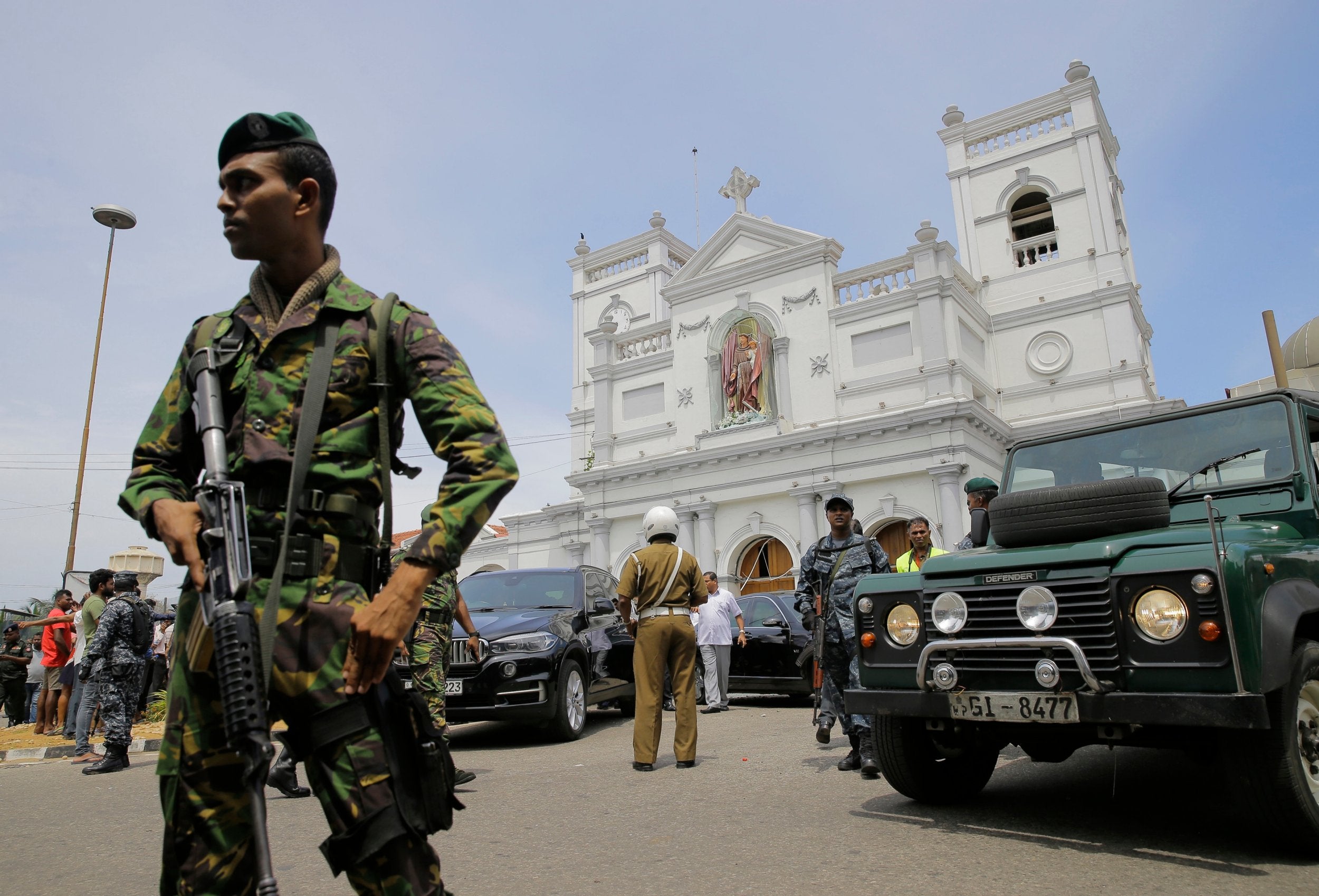 Sri Lankan Army soldiers secure the area around St Anthony's Shrine after a blast in Colombo