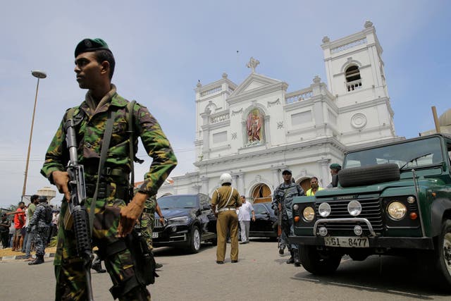 Sri Lankan Army soldiers secure the area around St Anthony's Shrine after a blast in Colombo