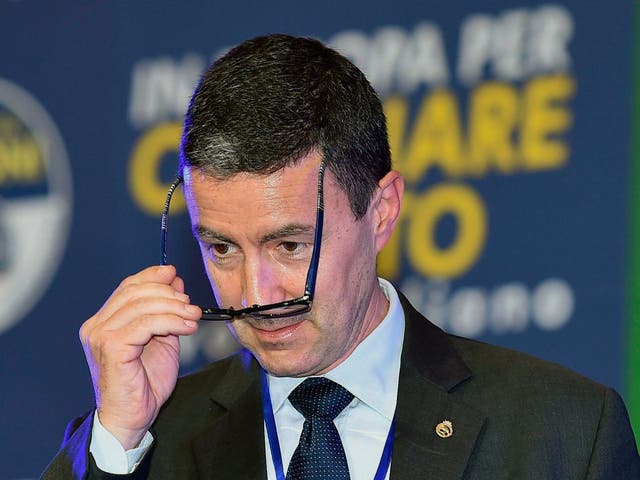 Caio Giulio Cesare Mussolini adjusts his glasses as he delivers a speech in Turin, Italy, Saturday, 13 April 2019.