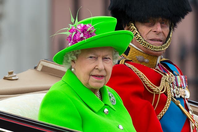 <p>Queen Elizabeth II and Prince Philip, Duke of Edinburgh sit in a carriage during the Trooping the Colour parade, 11 June 2016</p>